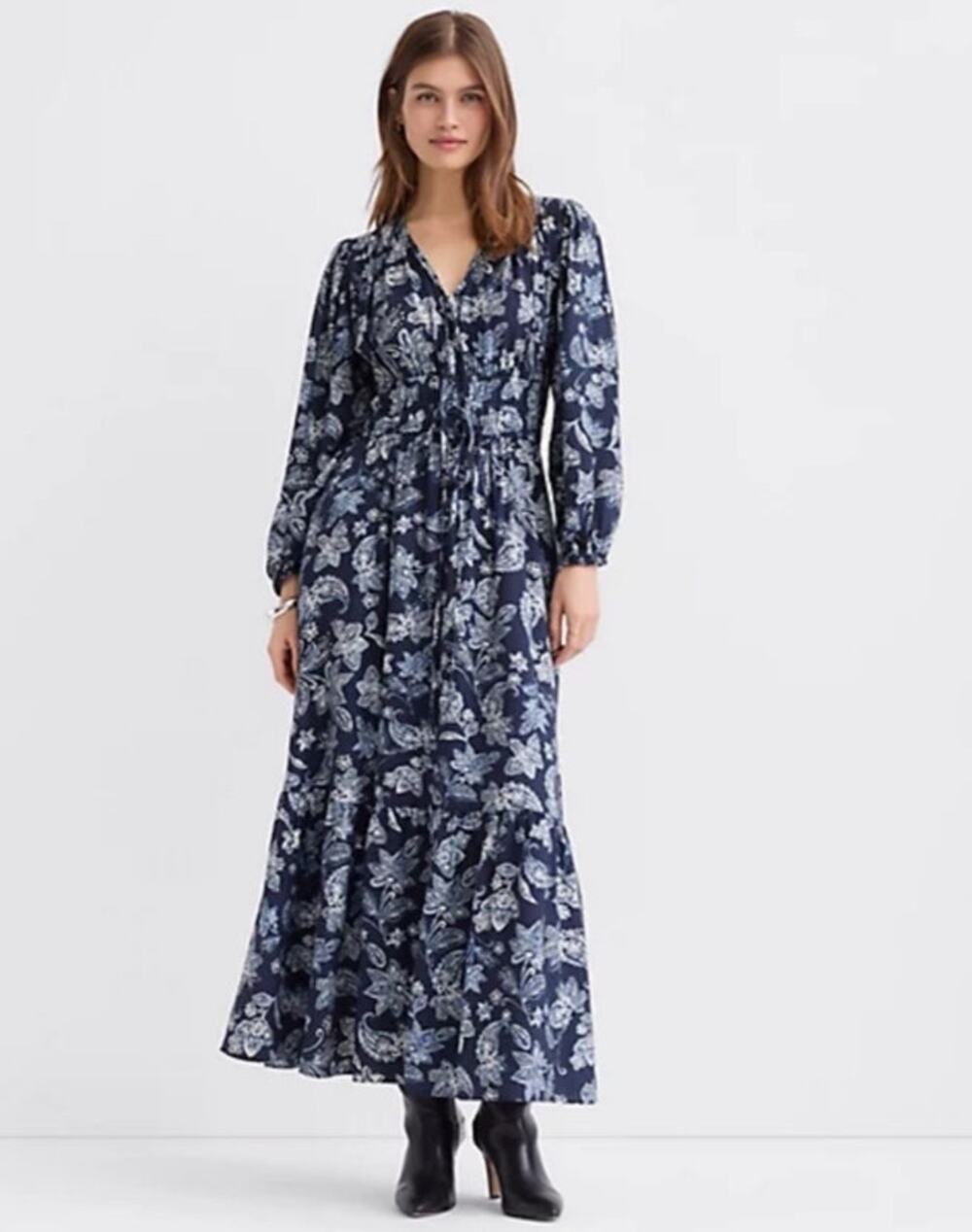 LOFT Paisley Bow Pocket Boho Maxi Dress Blue Sz M Petite